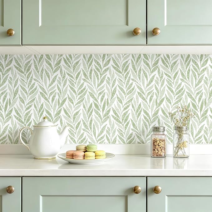 Safiyya Green Leaf Peel and Stick Wallpaper 393"x17.3" Boho Modern Farmhouse Wall Paper Sage Contact Paper Waterproof Self Adhesive Removable Wallpaper for Bedroom Bathroom Vinyl Roll - Image 6