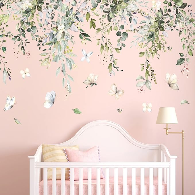 Hanging Green Leaves Wall Decals Elegant Plants Wall Stickers DIY Vinyl Peel and Stick Butterfly and Leaf Wall Art Murals for Kids Girls Bedroom Living Room Offices Nursery Closet Ceiling Vertex Line (B) by LiveGallery