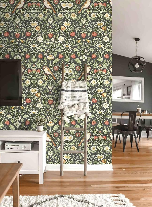 Vintage Wallpaper William Morris Botanical Peel and Stick Wallpaper | Dark sage background with wildflower, bird & strawberry print, removable waterproof vinyl wall covering, bedroom accent decor - Image 5
