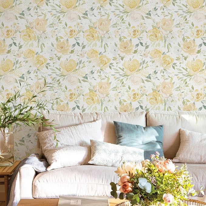 Ismoon Yellow Floral Peel Stick Wallpaper Boho Stick on Wallpaper | Watercolor Contact Paper for Cabinet Removable Self Adhesive Vinyl Wallpaper for Girl Bedroom Accent Wall Decor 17.3x196in - Image 2