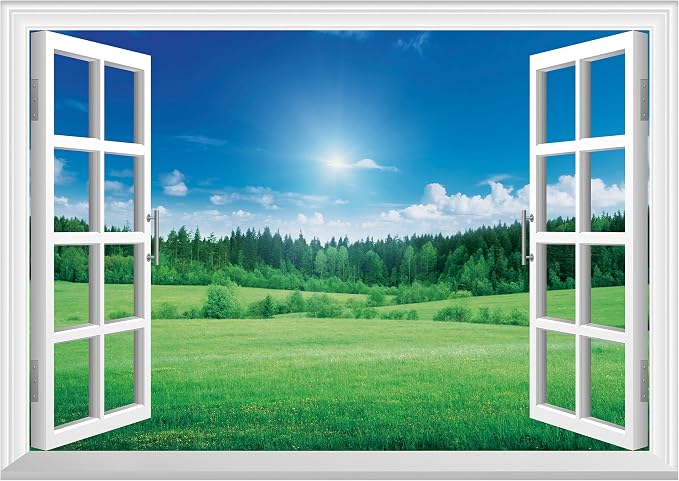 FLFK Fake Window Wall Mural - Grassland Forest Faux Window Wall Sticker for Wall Decor, Peel and Stick Wall Decals,48"x32",Set of 2 Sheets by FLFK