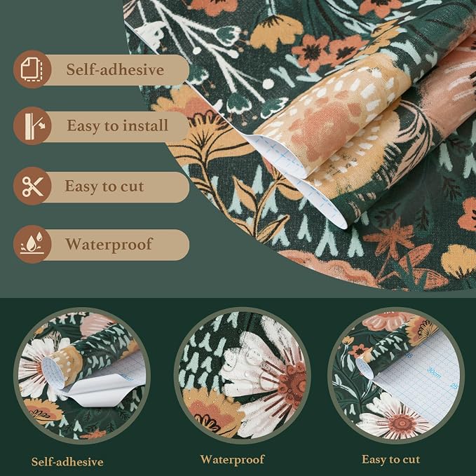 Dimoon Boho Retro Dark Green Wallpaper Peel and Stick Wallpaper Vintage Floral Contact Paper 17.3''x78.7'' Bohemian Removable Wall Paper Renter Friendly Waterproof Wall Mural Bedroom Bathroom Vinyl - Image 2