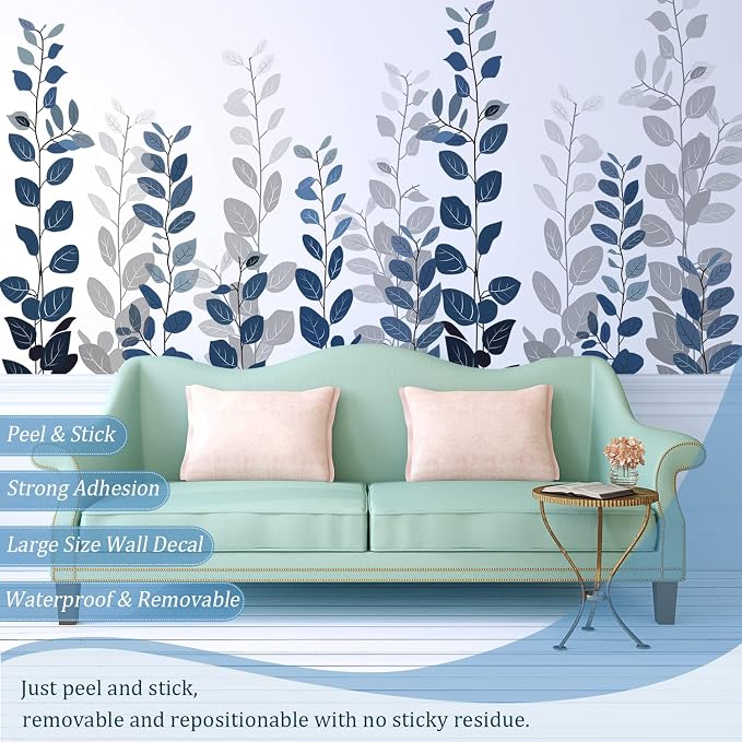 Blue Hanging String of Eucalyptus Wall Decals Peel and Stick, Large Plants Vinyl Wall Stickers, Removable Vine Home Decor Art for Bedroom Living Room Classroom Office - Image 3