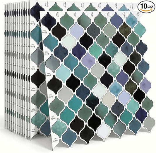 Arttown Peel and Stick 3D Wall Backsplash 10-Sheet 12" × 12" Moroccan Teal | Subway Tile Self Adhesive Thicker Design Wall Tiles Panel Wallpaper for Kitchen Bathroom Balcony Rental Housing by Arttown