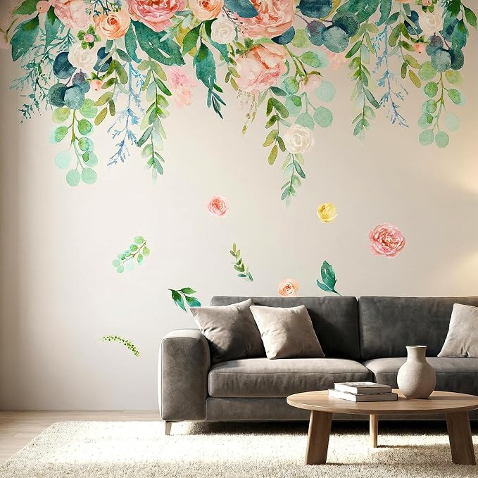 Hanging Floral Flower Wall Decals, Hanging Rose Eucalyptus Wall Stickers | Boho watercolor blush pink rose peel and stick wall decor, removable vinyl wall art mural for bedroom living room - Image 3