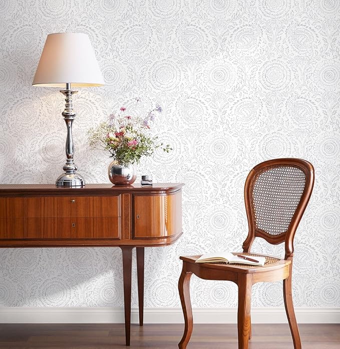 Ismoon Floral Peel and Stick Wallpaper Boho Grey and White Contact Paper | 17.3x393in Light Gray Wall Paper Textured Self Adhesive Removable Wallpaper for Bedroom Kitchen Renter Friendly Vinyl - Image 7