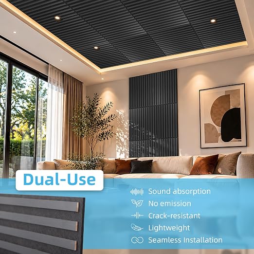 Art3d 12-Pack Acoustic Wood Slat Panel & Ceiling Tile, 2 x 2 ft, Blackwood | Crack-Resistant, Scratch-Resistant, Eco-Friendly, Durable, Grid Compatible, Ideal for Living Room, Bedroom & Home DIY Upgrade - Image 5