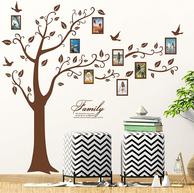 Large Family Photo Tree Wall Sticker 3D Peel and Stick Vinyl Photo Frame Tree Wall Decals Removable Quotes Leaf and Birds Wall Decor for Home Kids Bedroom Living Room Classroom Nursery (Right, Brown) - Image 4