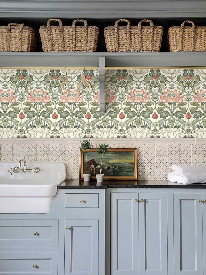 Vintage Wallpaper William Morris Botanical Peel and Stick Wallpaper | Symmetrical antique floral wildlife vinyl wall covering, removable & waterproof, for cottage living room interior decoration. - Image 6