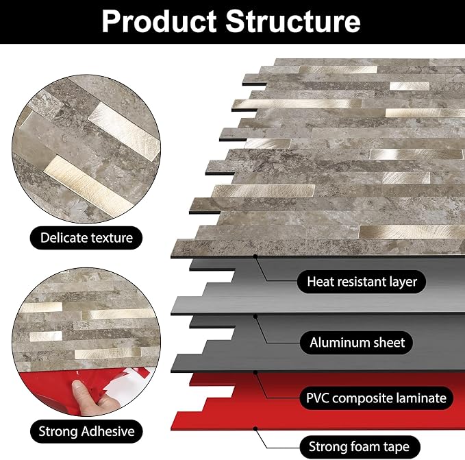 KASARO Peel and Stick Marble Backsplash Tile, 10 Sheets, Slate Marble with Vintage Silver Stripes, Self-Adhesive Wall Tile for Kitchen, Bathroom, Fireplace, RV (11.4” x 10.6”) - Image 3