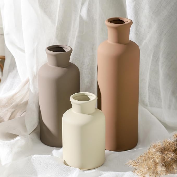 Ceramic Vase Set of 3, Flowers Neutral Modern Vases Home Decor Rustic Farmhouse Decor Pampas Vase for Table Mantel Entryway Shelf Living Room Kitchen Bathroom - Brown - Image 6