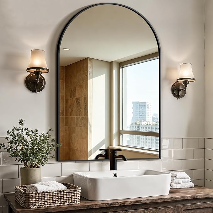 Arched Bathroom Vanity Mirror for Over Sink, 36”x24”, Black by LawadaMirror