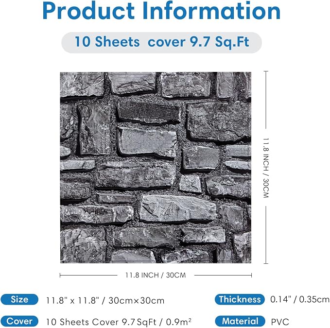 COMSTICKC 3D Faux Stone Wall Panels Peel and Stick, 10 Pcs 11.8" x 11.8" | Dark Gray, Not Real Stone, Ultra-Light Thin PVC 3D Fake Rock Wall Sticker Covering for DIY Interior Decor, Cover 9.7 sq ft - Image 5