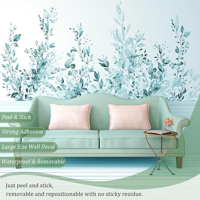 Spa Green Plants Leaves Wall Decals Peel and Stick, Large Floral Flowers Vinyl Wall Stickers, Removable Vine Home Decor Art for Bedroom Living Room Classroom Office - Image 3