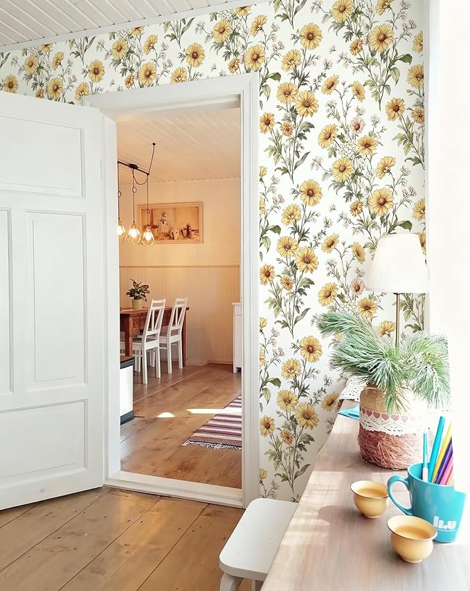 Livebor Daisy Floral Peel and Stick Wallpaper for Bathroom 16.9in x118.1in | Floral Contact Paper Yellow Daisy Flower Wallpaper Waterproof Flower Boho Self Adhesive Removable Wall Paper Decor Vinyl - Image 5