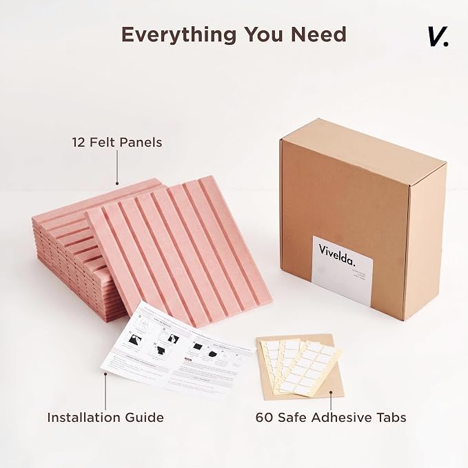 VIVELDA Felt Bulletin Board Tiles 48"x36" - 12-Pack Cork Board Alternative, Oeko-TEX Certified, NRC 0.95 Acoustic Wall Panels, Damage-Free Adhesive, Slatted Design, Home Office & Classroom (Salmon) - Image 5
