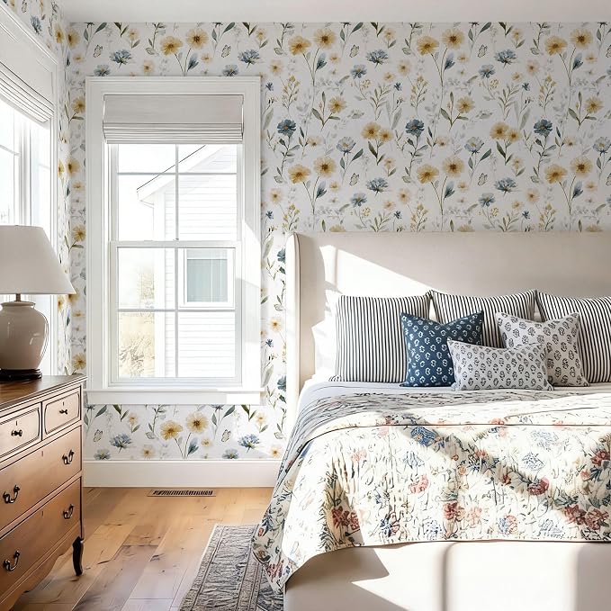 Ismoon Floral Peel and Stick Wallpaper Boho Wallpaper 17.3in x 16.4ft Blue and White Contact Paper Watercolor Flower Removable Wall Paper for Bedroom Nursery Kitchen Girls Room Vinyl - Image 6