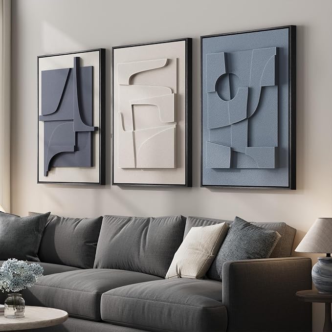 Large 3D Textured Framed Blue White Abstract Wall Art Set, 3 Piece 20x30 In | Solid wood frames, raised geometric reliefs, navy blue and ivory tones, modern wall decor for living room bedroom and office - Image 2