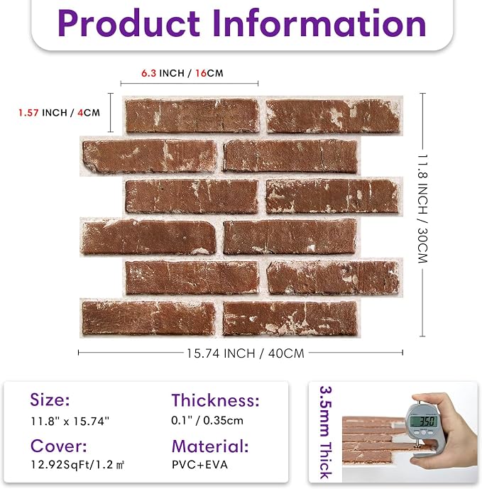 3D Peel and Stick Faux Brick Wall Panels 15.7" x 11.8" 10-Pack | Retro Brown, Brick-Look Textured Sticker, Thin Lightweight PVC Self Adhesive Wall Tiles for Interior Decor, Cover 12.9 sq ft - Image 5