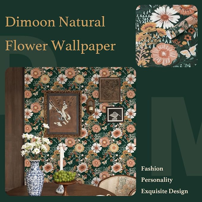 Dimoon Boho Retro Dark Green Wallpaper Peel and Stick Wallpaper Vintage Floral Contact Paper 17.3''x197'' Bohemian Removable Wall Paper Renter Friendly Waterproof Wall Mural Bedroom Bathroom Vinyl - Image 2