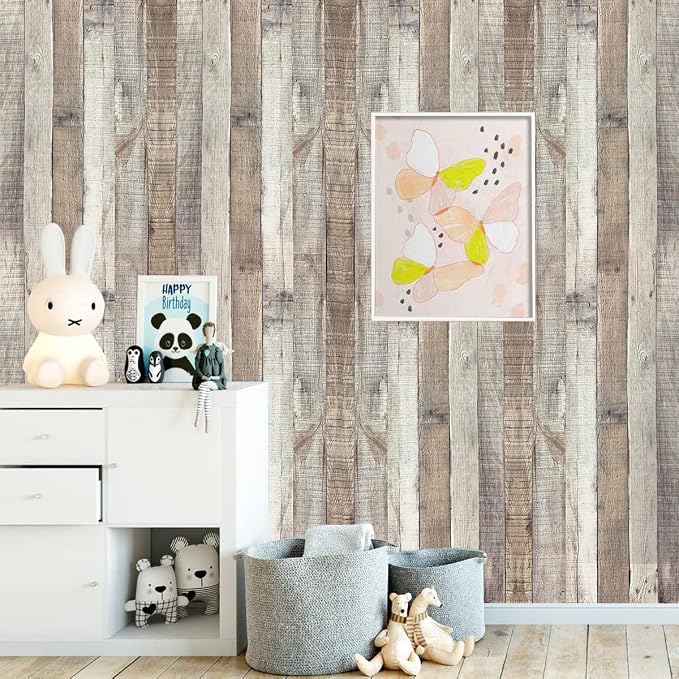 Rustic Wood Wallpaper Grain Paper Faux Stick and Peel Vintage Distressed Reclaimed Self Adhesive Vinyl Home Use Shiplap Wall Cover Thicken 17.3"× 400" - Image 5