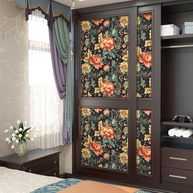 BOKEBEVE Floral Wallpaper Peel and Stick Vintage Black Orange 17.5 x 196In | Removable Self Adhesive Renter Friendly Boho Leaf Wall Paper for Bedroom Bathroom Living Room Feature Accent Wall - Image 3