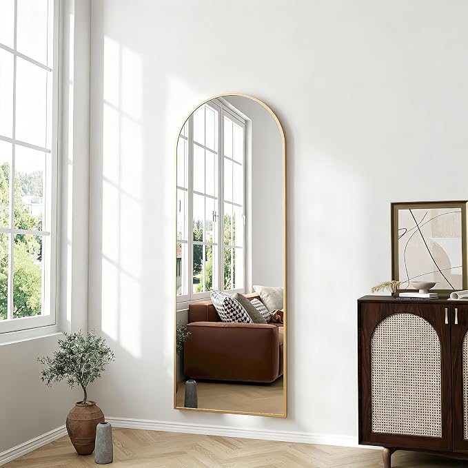 Dewfig 48"x16" Arched Full Length Mirror, Wall Mirror, Leather Strap, Gold - Image 3