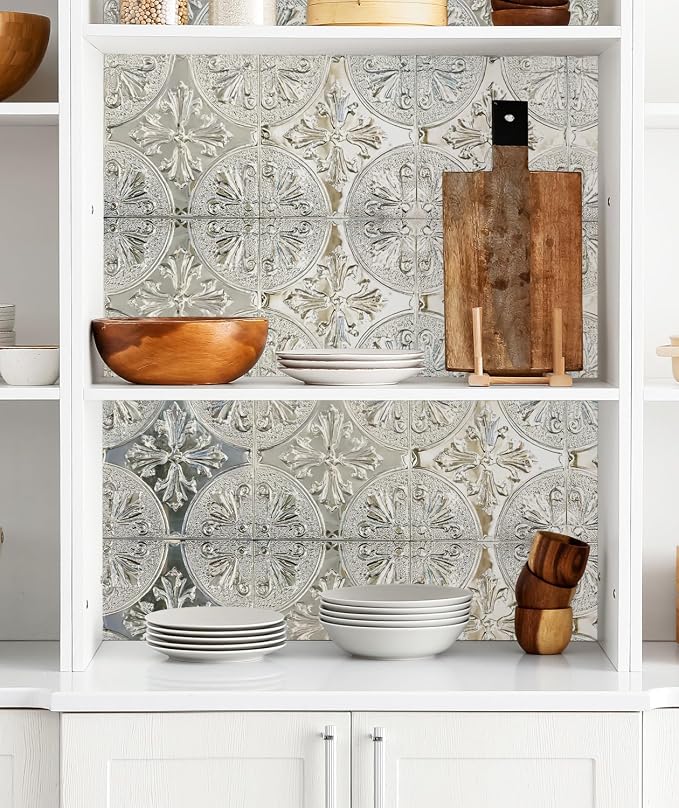 Peel and Stick Metal Backsplash Tiles, Silver Fleur, 10-Pack | 8 x 8 in tile size; Covers up to 4.44 sq ft; Aluminum; Water-resistant surface; For kitchens, ceilings, DIY projects - Image 9