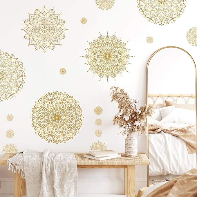 Large Mandala Wall Sticker Peel and Stick Boho Lotus Flower Wall Stickers Decor Mandala Floral Window Decals Clings Headboard Gold Mandala Wall Art Decal for Bedroom Living Room Yoga Decoration by Kazova