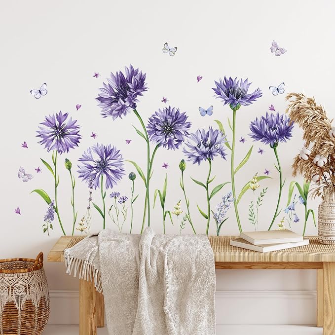 Purple Flower Wall Sticker Peel and Stick Floral Butterfly Wall Decals | Purple Wall Decal DIY Removable Daisy Flower Sticker Big Flower Wall Art Mural for Bedroom Waterproof Self-adhesive Wallpaper - Image 3