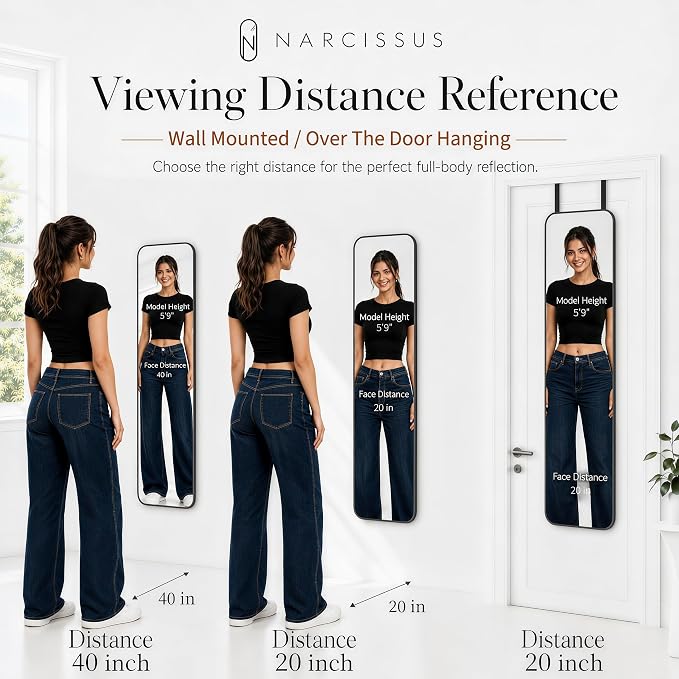 NARCISSUS Over the Door Full Length Mirror 47x14 Inch, Wall Mounted Dressing Mirror, Door Hanging Full Body Mirror HD Reflection Glass for Bedroom, Aluminum Alloy Frame Black - Image 8