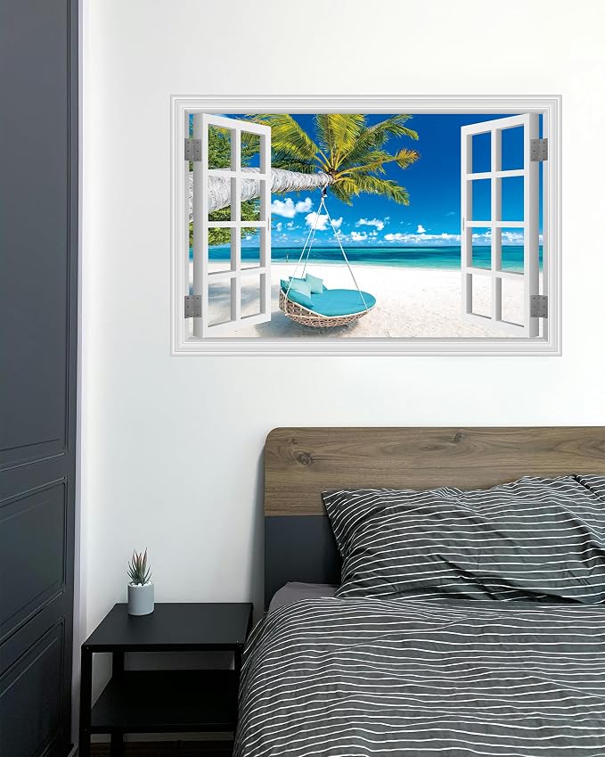 FLFK Fake Window Wall Decal, Tropical Beach Paradise with Turquoise Ocean, White Frame, Peel and Stick, 48 x 32 Inches,for Living Rooms, bedrooms, and Offices - Image 5