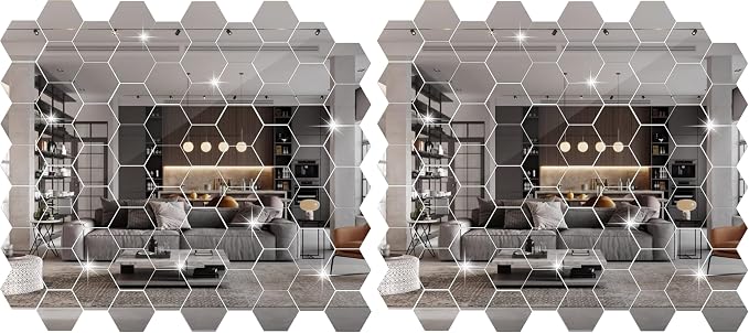 Maitys 72 Pieces Hexagon Mirror Stickers for Walls Removable 3D Hexagon Acrylic Mirror Wall Decal Aesthetic Sticky Decor for Bedroom Living Room Decor DIY, Silver(3.94 x 3.43 x 1.97 Inch) (Pack of 2) by Maitys
