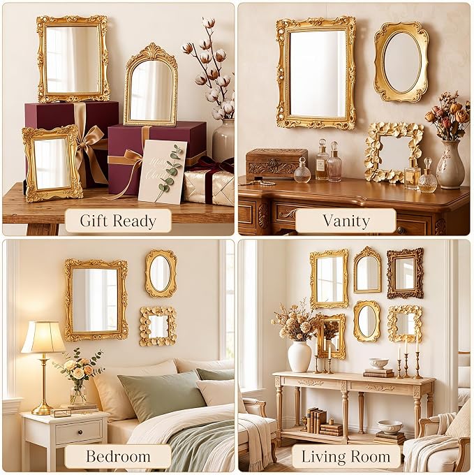 Kathfly 6 Pack Vintage Gold Mirror for Wall Gold Antique Wall Hanging Mirrors for Bedroom Decorative Resin Frame Baroque Style Assorted Sizes Tabletop Tray for Gallery Home Living Room Decor(Square) - Image 4