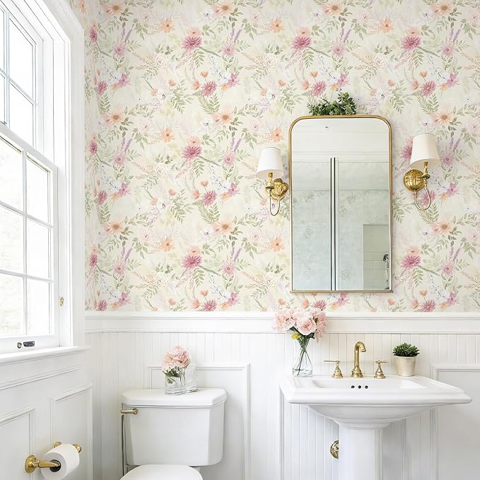Dimoon Floral Peel and Stick Wallpaper Beige Boho Wallpaper Neutral Cottage Contact Paper Bathroom Cabinets Farmhouse Wall Paper Renter Friendly Removable Waterproof Kitchen Vinyl 362"x17.3" - Image 7