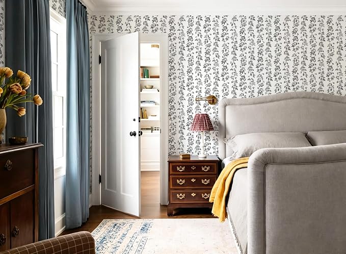 Heroad 17.3''x393'' Grey Wallpaper Vintage Peel and Stick Wallpaper Leaf Contact Paper Cottage Core Wall Paper Self Adhesive Removable Wallpaper for Bathroom Bedroom Kitchen Watercolor Decor Vinyl - Image 6