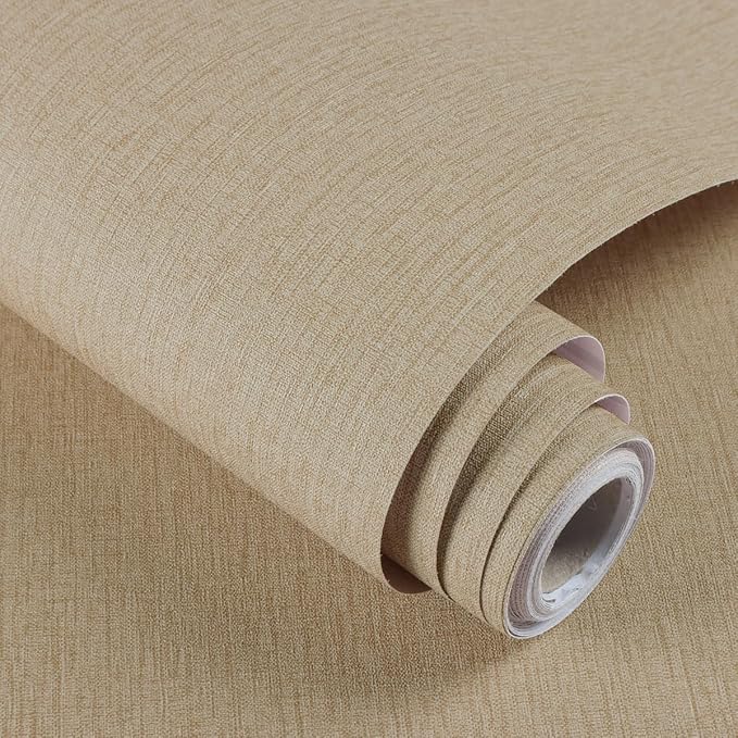 Grasscloth Peel and Stick Wallpaper Beige Brown Vinyl 16in x 197in | Faux Linen Vintage Wallpaper Textured Removable Wall Paper Grass Cloth Cabinets Bedroom for Cabinet Self Adhesive Vinyl by lenify