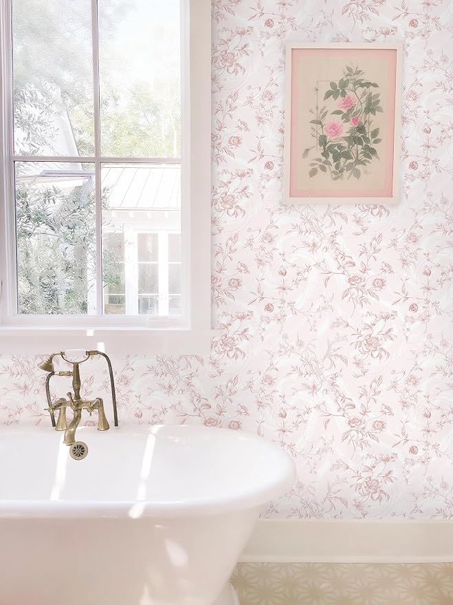 Dimoon Peel and Stick Wallpaper Pink Floral Contact Paper Pink Vintage French Renter Friendly Wallpaper 17.3''x78.7'' Textured Stick on Wall Paper for Bathroom Bedroom Cabinets Removable Vinyl Roll - Image 7