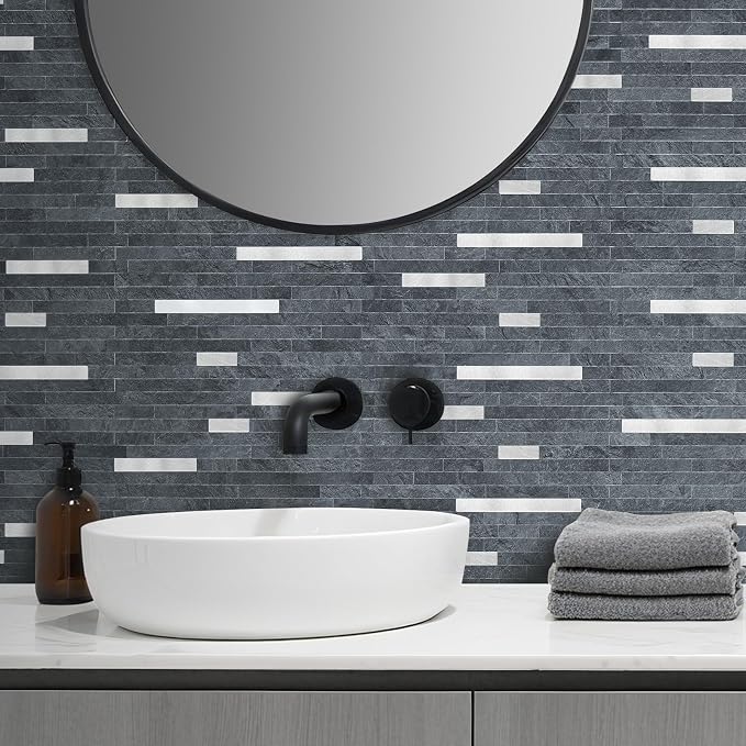 AULIGET 2 Sheets Black Slate Peel and Stick Backsplash, PVC Mixed Metal Silver Wall Tile Stick on Backsplash for Kitchen and Bathroom - Image 6