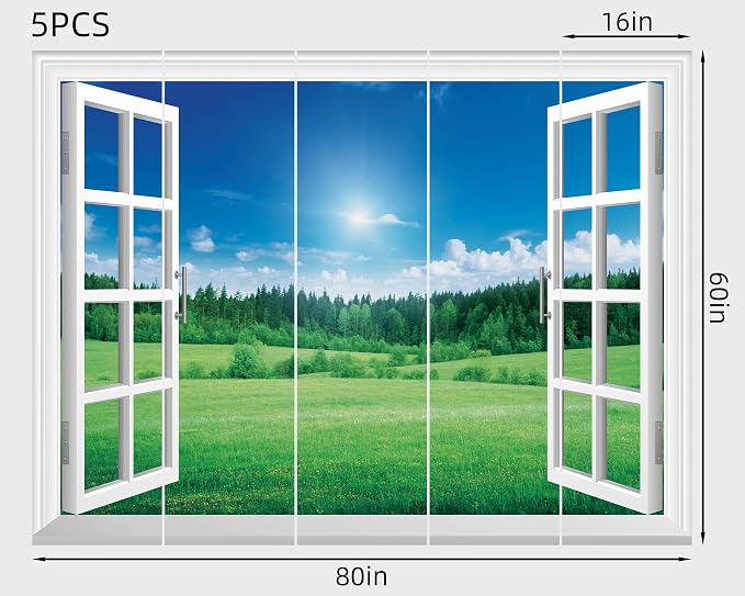FLFK Fake Window Wall Mural - Grassland Forest Faux Window Wall Decal for Wall Decor, Peel and Stick Wall Sticker,80"x60",Set of 5 Sheets - Image 2