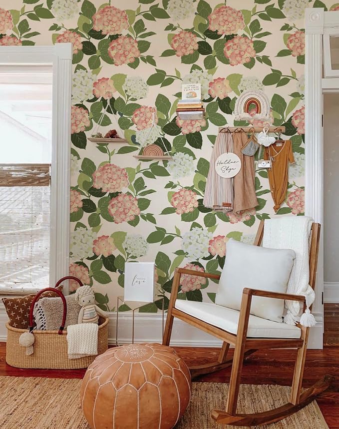 Floral Peel and Stick Wallpaper Self Adhesive Hydrangea Wall Paper French Country Cream Stick on Wallpaper for Bedroom Wall Decor Elegant Mural (Blush Hydrangea, 472.44“ X 17.4") - Image 3