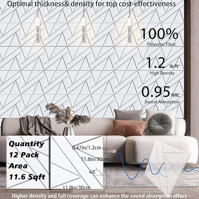 12 Pack Self-Adhesive Soundproof Wall Panels, 12 x 12 x 0.47 in Sound Proof Foam Panels for Walls, 1.2lb/ft³ High Density, Thicker 0.47in, Acoustic Panels, Noise Dampening Panels Studio White - Image 6