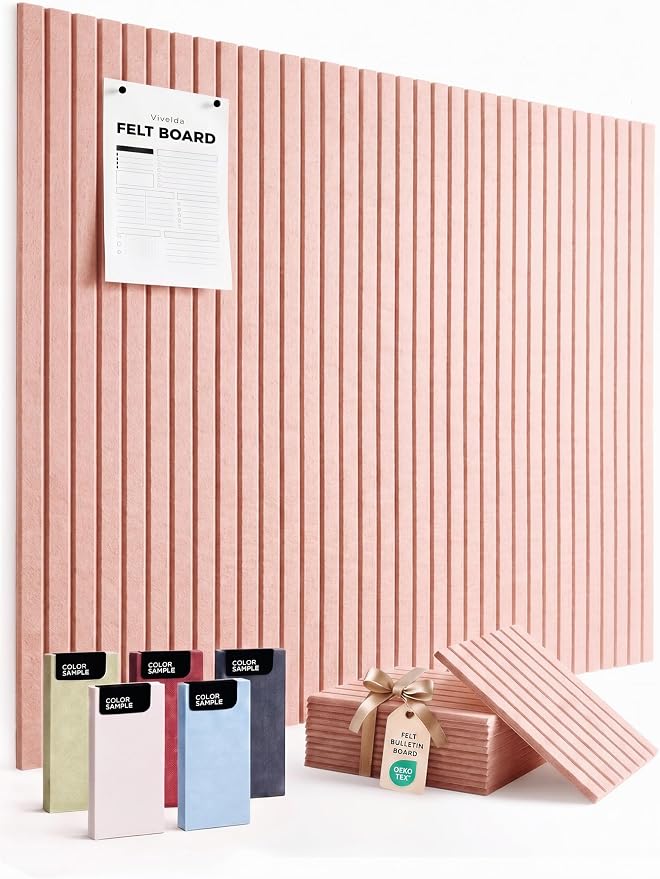 VIVELDA Felt Bulletin Board Tiles 48"x36" - 12-Pack Cork Board Alternative, Oeko-TEX Certified, NRC 0.95 Acoustic Wall Panels, Damage-Free Adhesive, Slatted Design, Home Office & Classroom (Salmon) by VIVELDA%C2%AE