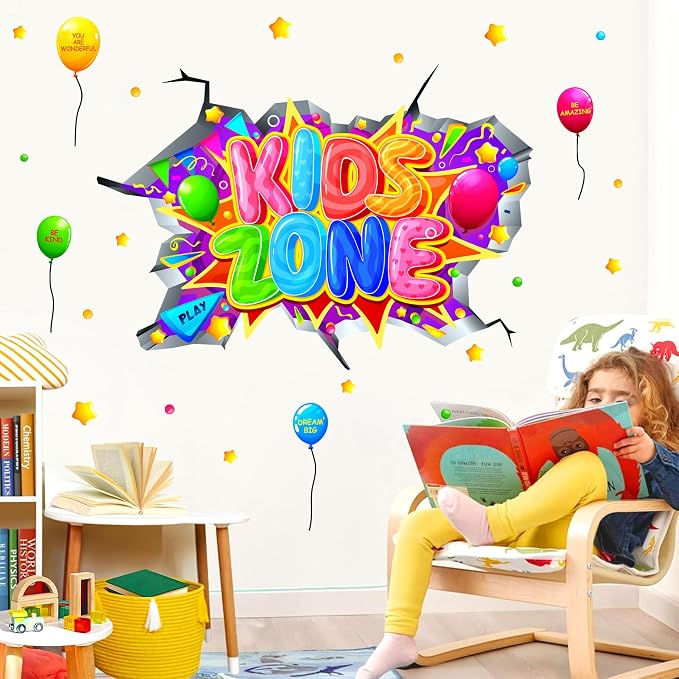 Kids Playroom Wall Decals Colorful Kids Zone Signs 3D Broken Wall Stickers | Multicolor inspirational quotes, kids room signs, peel and stick, removable vinyl art murals, for classroom nursery bedroom - Image 6