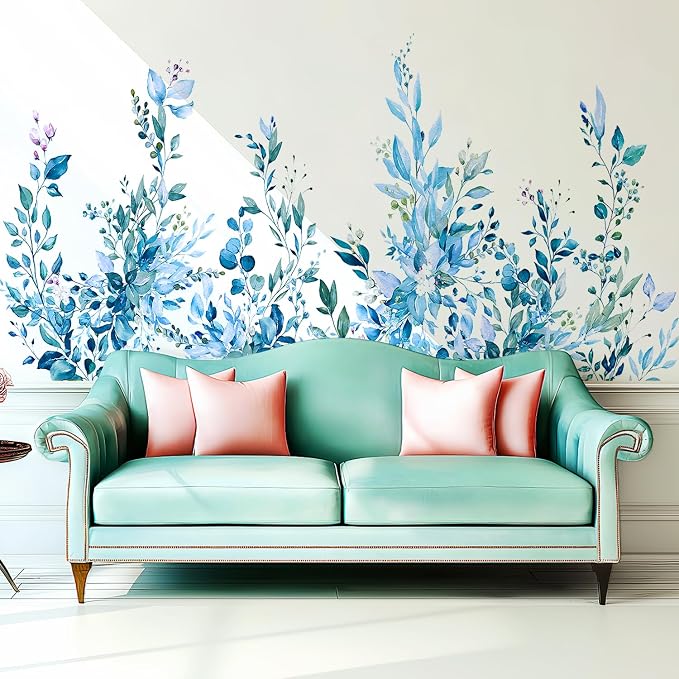 Blue Plants Leaves Wall Decals Peel and Stick, Large Floral Flowers Vinyl Wall Stickers, Removable Vine Home Decor Art for Bedroom Living Room Classroom Office - Image 3