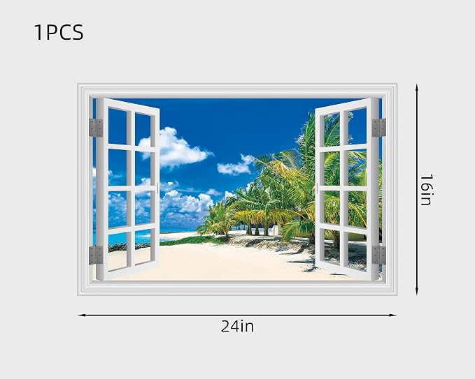 FLFK Fake Window Wall Sticker, White Frame Tropical Beach Scene, Peel and Stick Removable Wall Decal, Paradise Ocean View with Palm Trees, 24 x 16 Inches, Modern Style, Indoor Use - Image 2