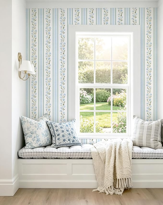Safiyya Peel and Stick Wallpaper Stripe Floral Wall Paper Removable Blue White Green Contact Paper 17.7''x197'' Waterproof Self Adhesive Vinyl Boho Wallpaper for Bedroom Living Room Decor - Image 2
