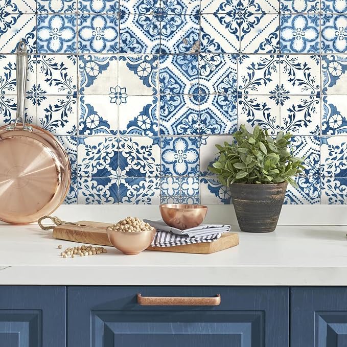RoomMates RMK11083WP Blue Mediterranian Tile Peel and Stick Wallpaper 20.5" x 16.5 feet - Image 2