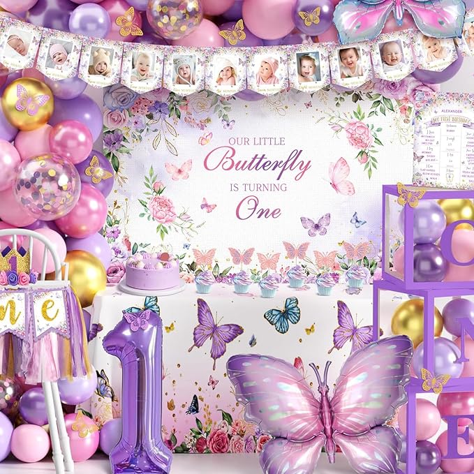 LHIUEM Butterfly First Birthday Decals Purple Our Little Butterfly is Turning One Inspiration Wall Signs Pink Floral Baby Girl Fairy Happy Birthday Party Stickers Supplies for Balloon Arch Background - Image 2