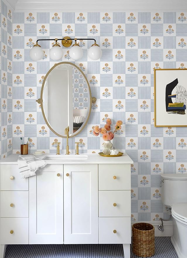 Guvana Blue Floral Peel and Stick Wallpaper Vintage Floral Wallpaper Boho Wall Paper Removable Modern Contact Paper Vinyl Self Adhesive for Bedroom Bathroom Kitchen Livingroom Covering 17.3" x 78.7" - Image 4
